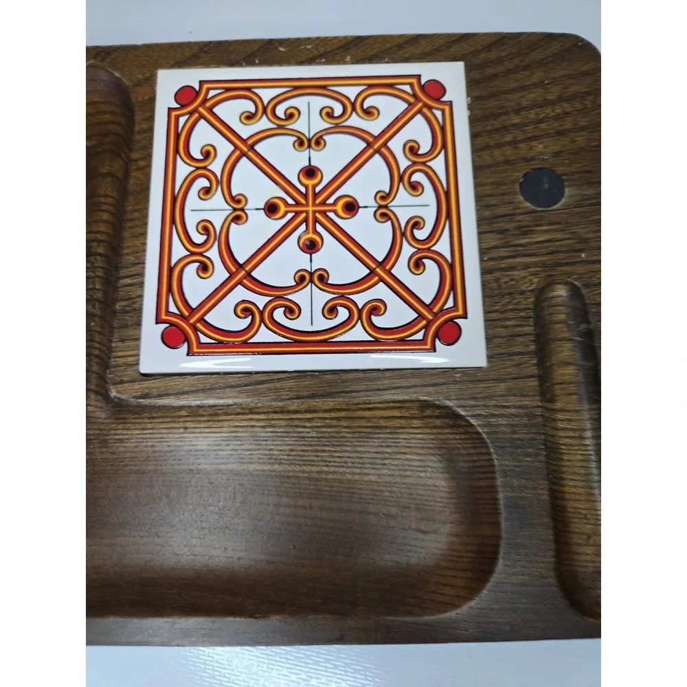 Vtg 1970s Japanese Keyaki Wood Cheese Board Charcuterie Tray Orange Scroll Tile